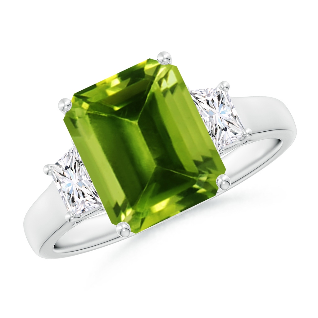 10x8mm AAAA Three Stone Emerald-Cut Peridot and Diamond Ring in P950 Platinum