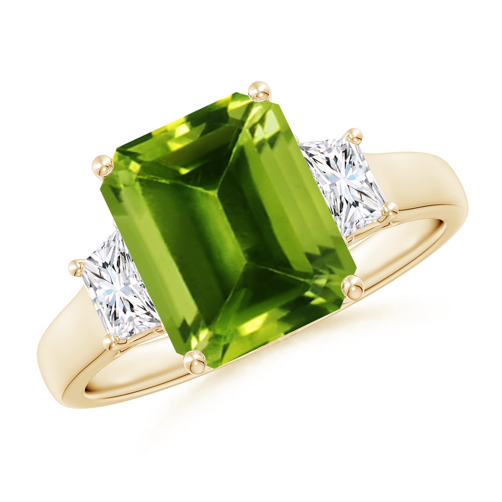 10x8mm AAAA Three Stone Emerald-Cut Peridot and Diamond Ring in Yellow Gold