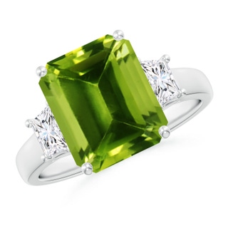 11x9mm AAAA Three Stone Emerald-Cut Peridot and Diamond Ring in P950 Platinum