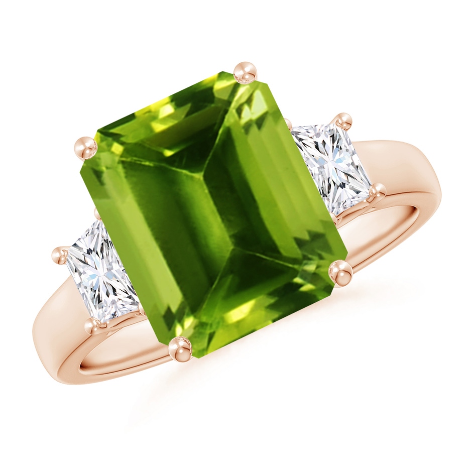 11x9mm AAAA Three Stone Emerald-Cut Peridot and Diamond Ring in Rose Gold 