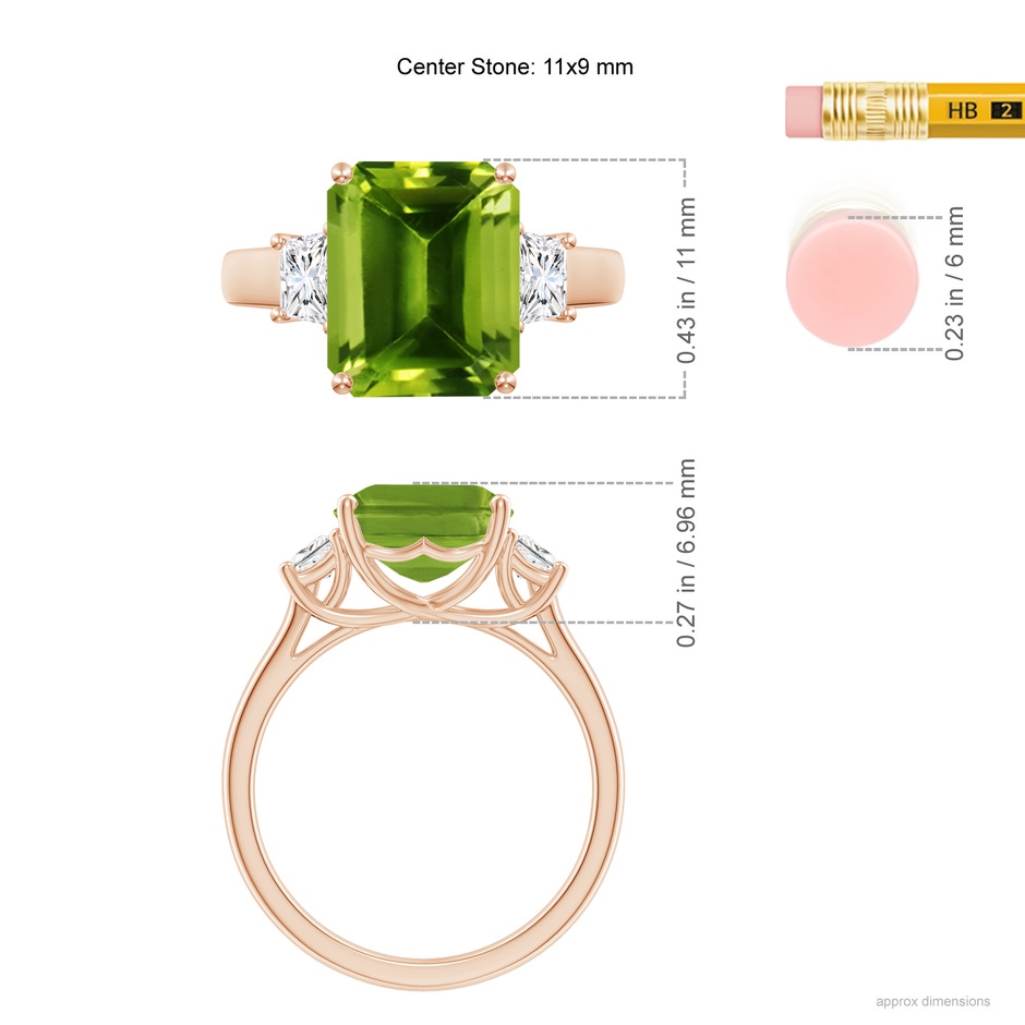 11x9mm AAAA Three Stone Emerald-Cut Peridot and Diamond Ring in Rose Gold ruler