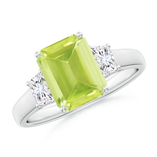 9x7mm A Three Stone Emerald-Cut Peridot and Diamond Ring in P950 Platinum