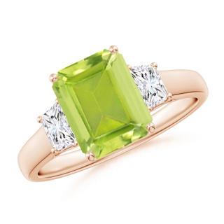 9x7mm AA Three Stone Emerald-Cut Peridot and Diamond Ring in Rose Gold