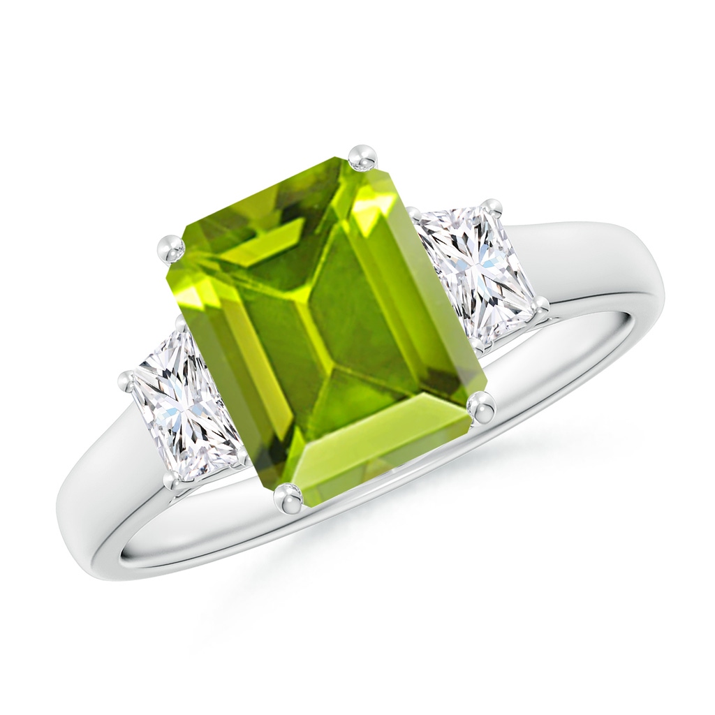 9x7mm AAA Three Stone Emerald-Cut Peridot and Diamond Ring in White Gold