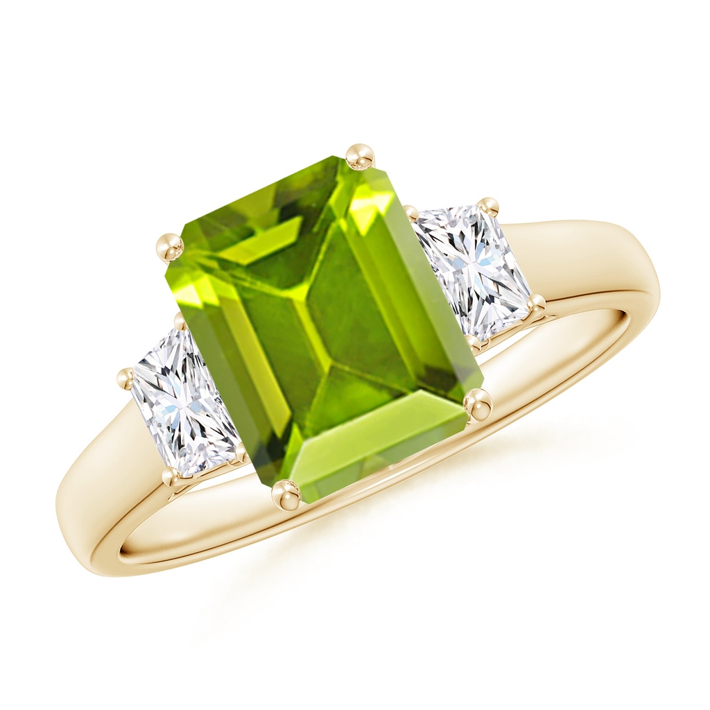 9x7mm AAA Three Stone Emerald-Cut Peridot and Diamond Ring in Yellow Gold