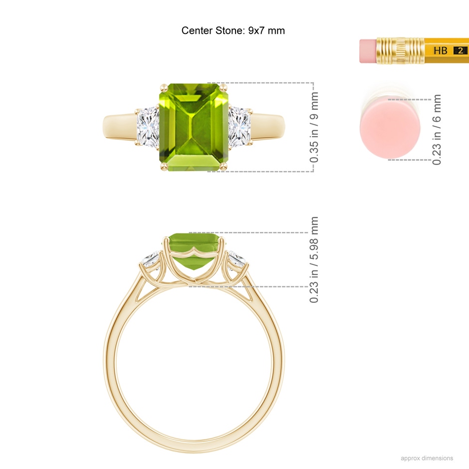 9x7mm AAA Three Stone Emerald-Cut Peridot and Diamond Ring in Yellow Gold ruler