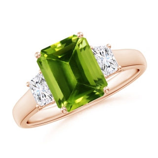 9x7mm AAAA Three Stone Emerald-Cut Peridot and Diamond Ring in 10K Rose Gold