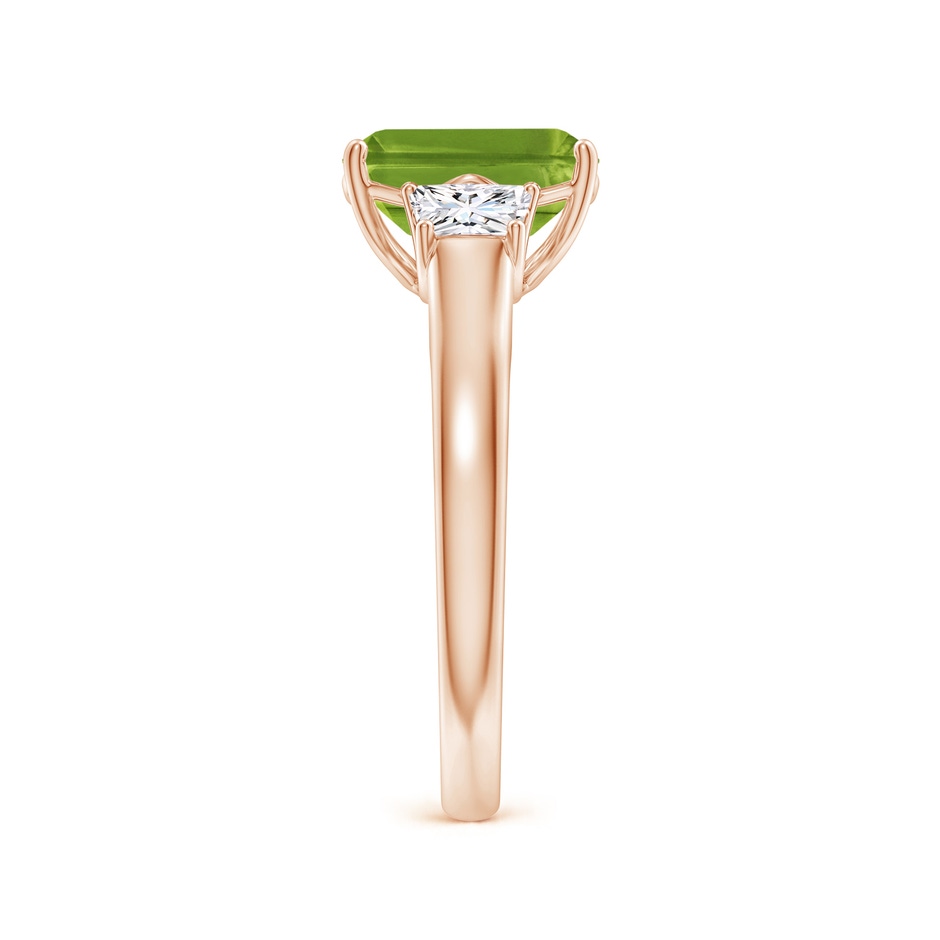 9x7mm AAAA Three Stone Emerald-Cut Peridot and Diamond Ring in Rose Gold side-2