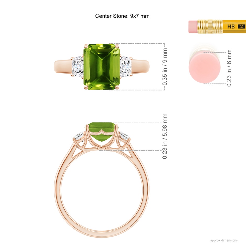 9x7mm AAAA Three Stone Emerald-Cut Peridot and Diamond Ring in Rose Gold ruler