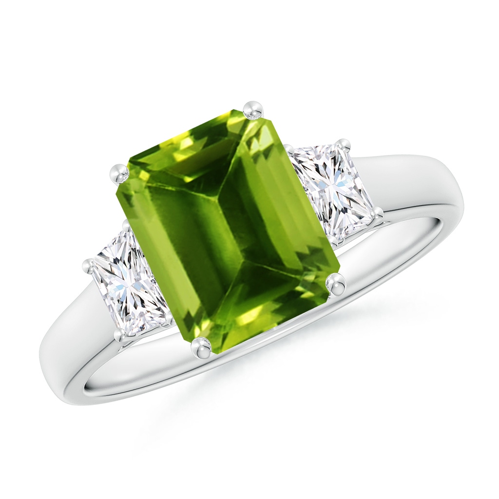 9x7mm AAAA Three Stone Emerald-Cut Peridot and Diamond Ring in White Gold
