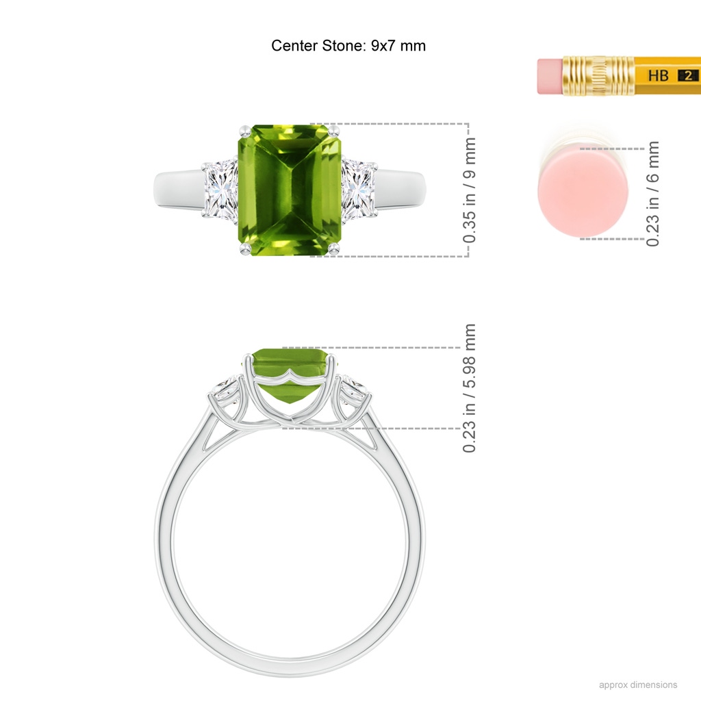 9x7mm AAAA Three Stone Emerald-Cut Peridot and Diamond Ring in White Gold Ruler