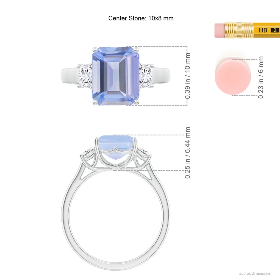 10x8mm A Three Stone Emerald-Cut Tanzanite and Diamond Ring in P950 Platinum ruler