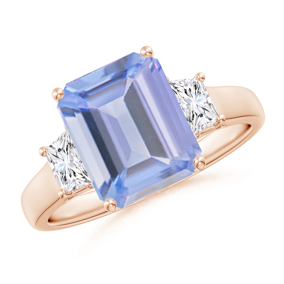 10x8mm A Three Stone Emerald-Cut Tanzanite and Diamond Ring in Rose Gold 