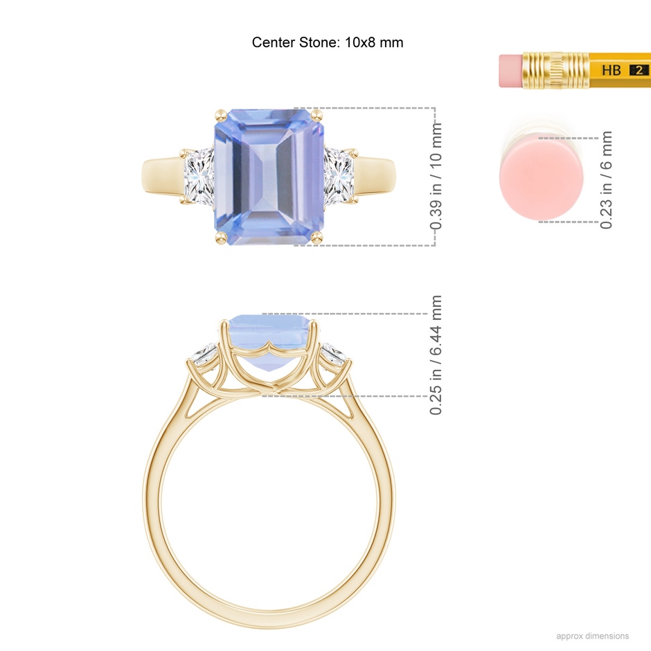 10x8mm A Three Stone Emerald-Cut Tanzanite and Diamond Ring in Yellow Gold ruler