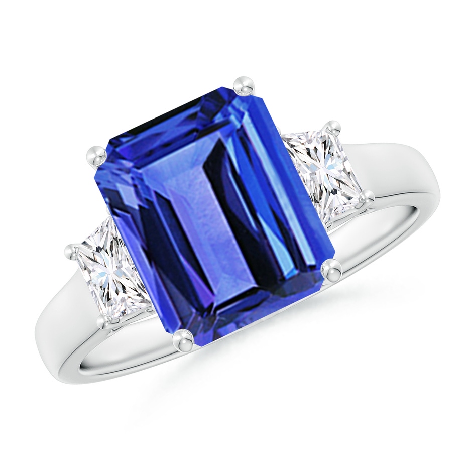 10x8mm AAA Three Stone Emerald-Cut Tanzanite and Diamond Ring in P950 Platinum 