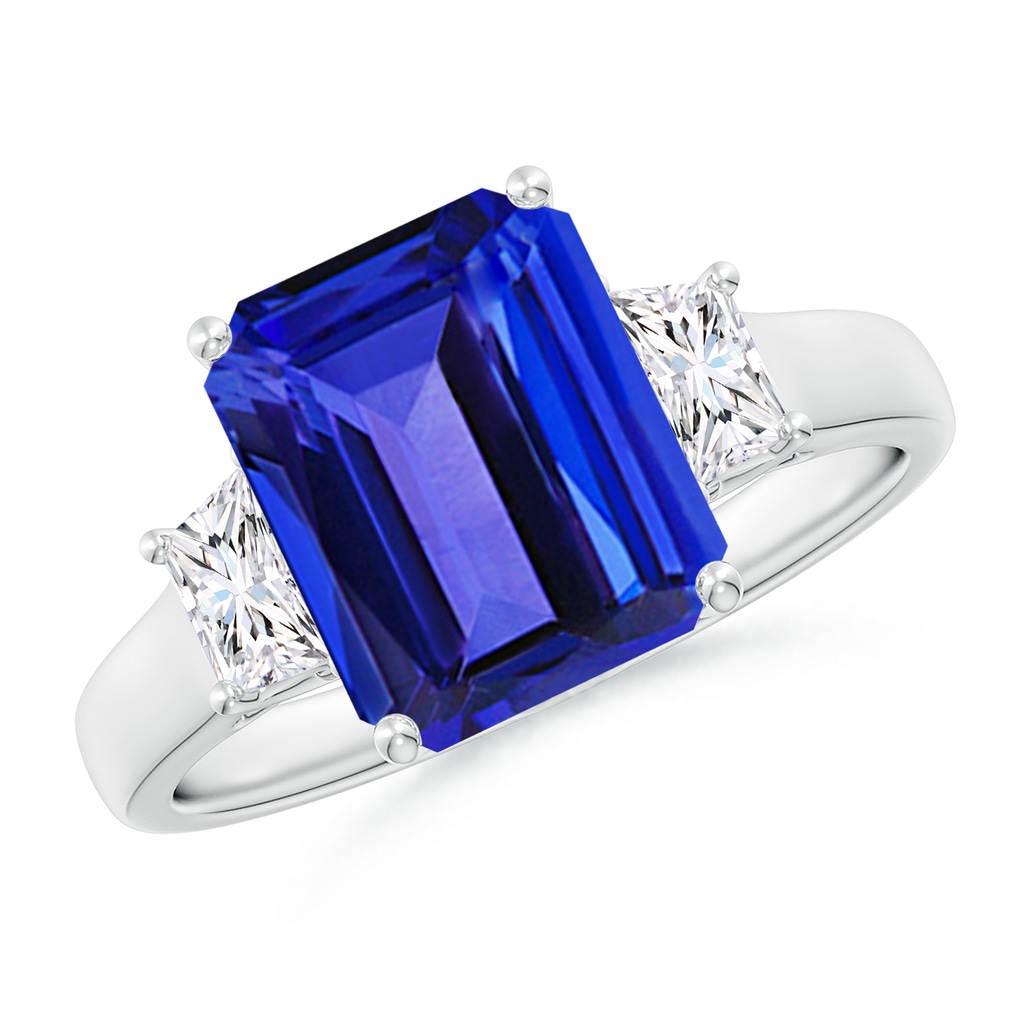 10x8mm AAAA Three Stone Emerald-Cut Tanzanite and Diamond Ring in White Gold