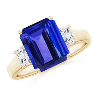 10x8mm AAAA Three Stone Emerald-Cut Tanzanite and Diamond Ring in Yellow Gold