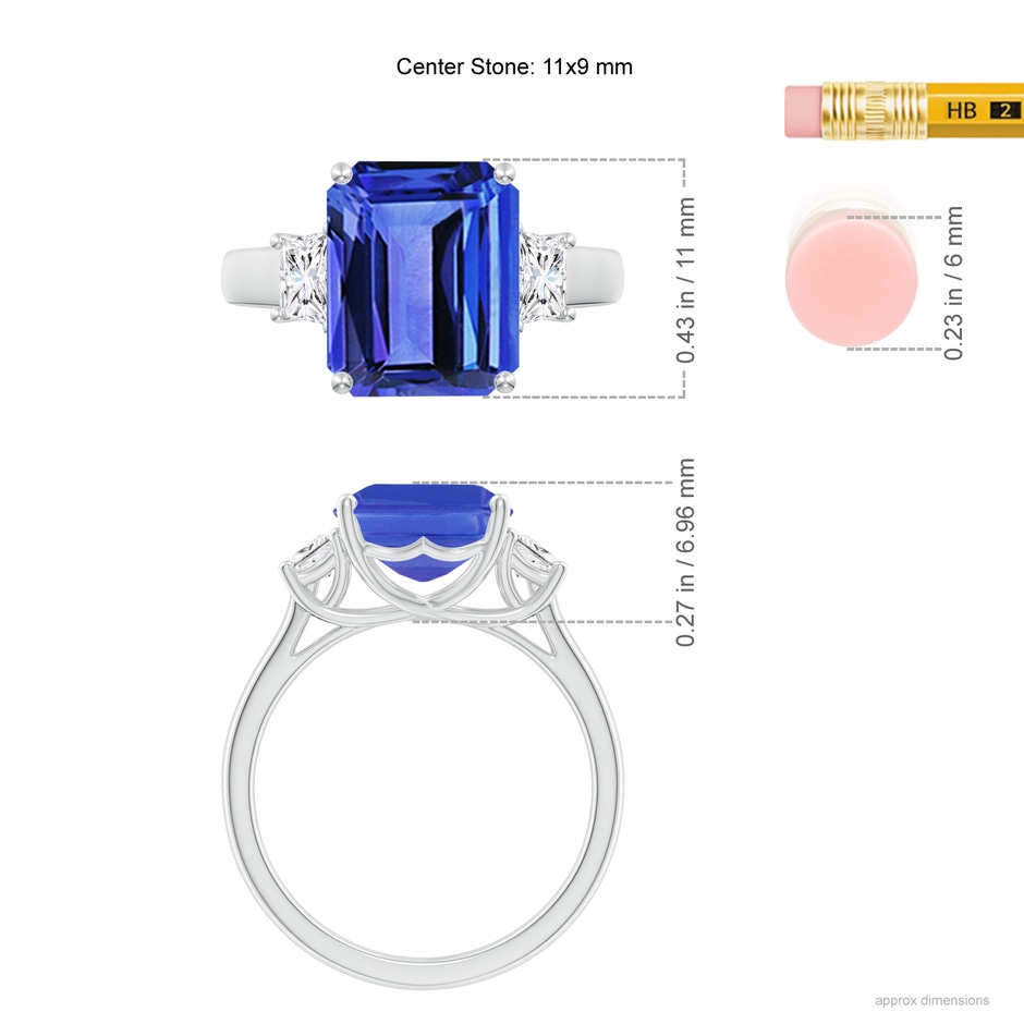 11x9mm AAA Three Stone Emerald-Cut Tanzanite and Diamond Ring in P950 Platinum ruler