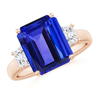 11x9mm AAAA Three Stone Emerald-Cut Tanzanite and Diamond Ring in 9K Rose Gold