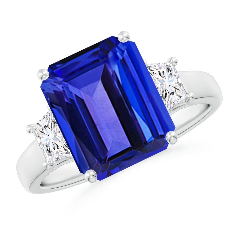 11x9mm AAAA Three Stone Emerald-Cut Tanzanite and Diamond Ring in P950 Platinum 