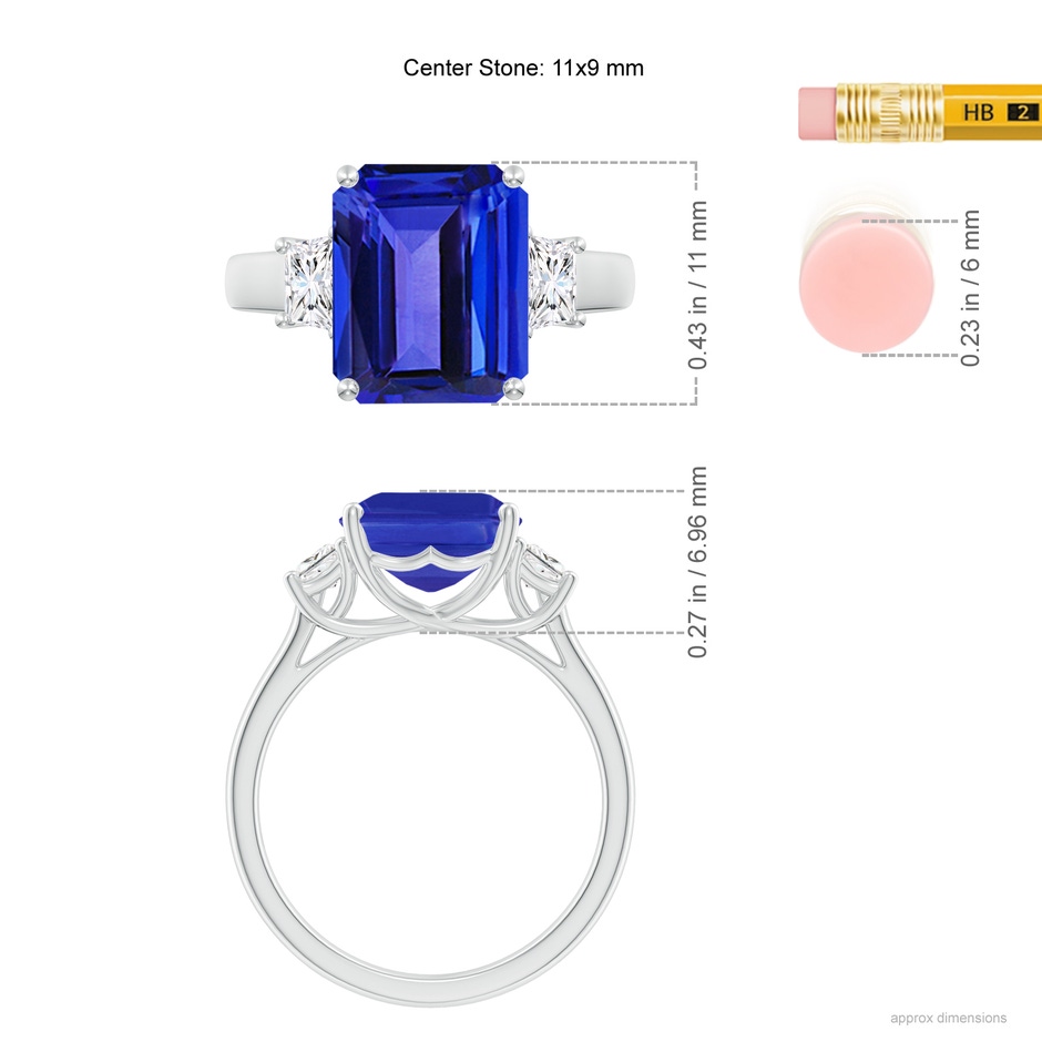 11x9mm AAAA Three Stone Emerald-Cut Tanzanite and Diamond Ring in White Gold ruler