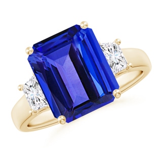 11x9mm AAAA Three Stone Emerald-Cut Tanzanite and Diamond Ring in Yellow Gold