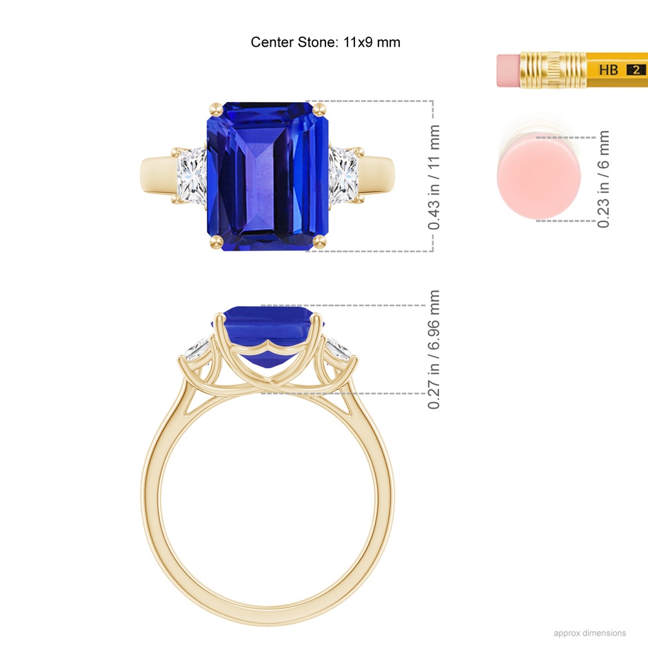 11x9mm AAAA Three Stone Emerald-Cut Tanzanite and Diamond Ring in Yellow Gold ruler