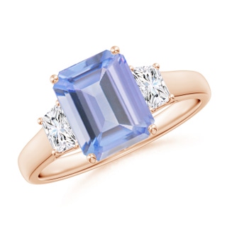 9x7mm A Three Stone Emerald-Cut Tanzanite and Diamond Ring in 9K Rose Gold