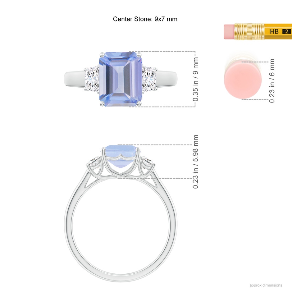 9x7mm A Three Stone Emerald-Cut Tanzanite and Diamond Ring in P950 Platinum ruler
