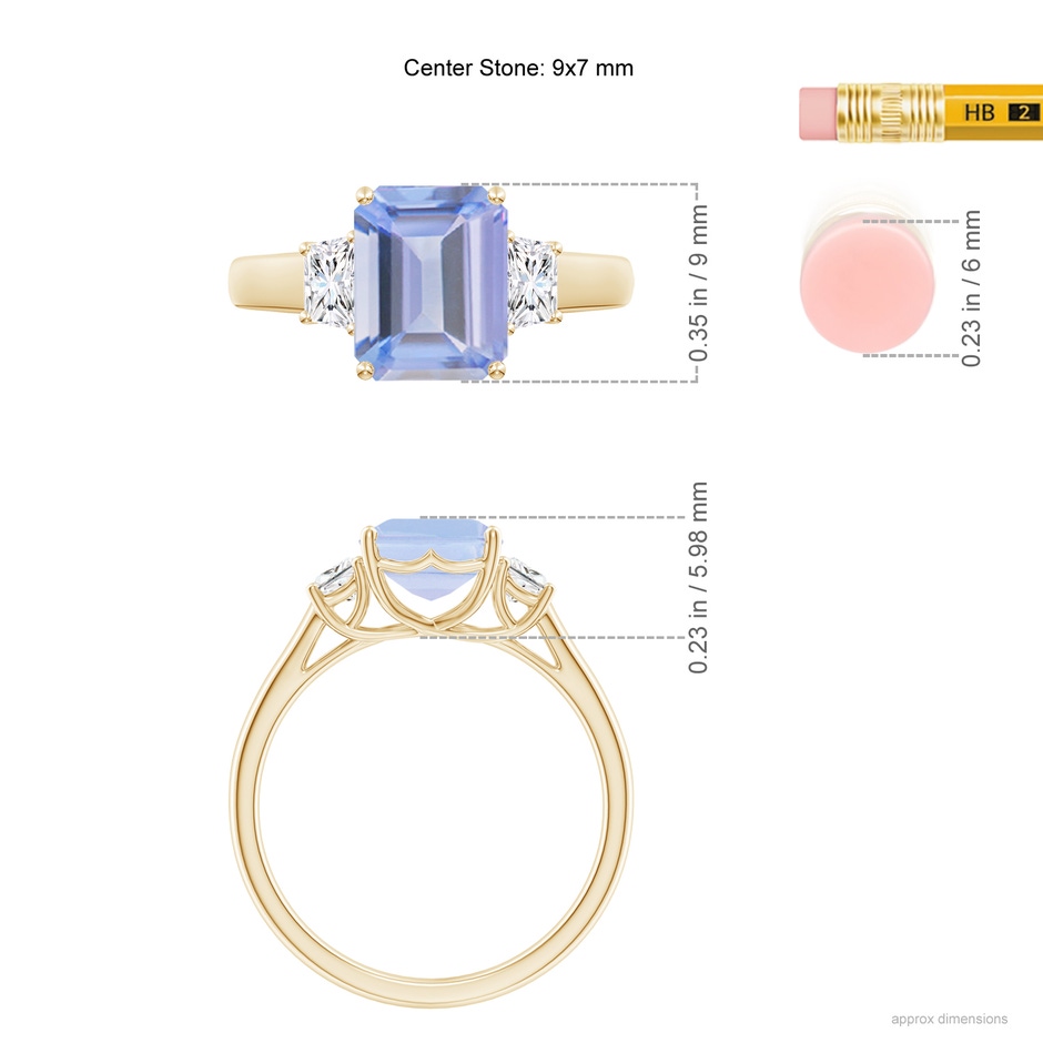 9x7mm A Three Stone Emerald-Cut Tanzanite and Diamond Ring in Yellow Gold ruler