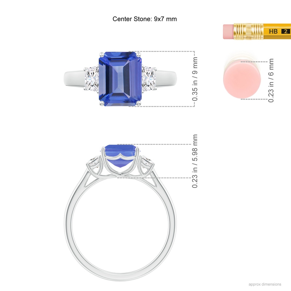 9x7mm AA Three Stone Emerald-Cut Tanzanite and Diamond Ring in P950 Platinum ruler