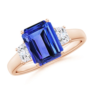 9x7mm AAA Three Stone Emerald-Cut Tanzanite and Diamond Ring in 9K Rose Gold