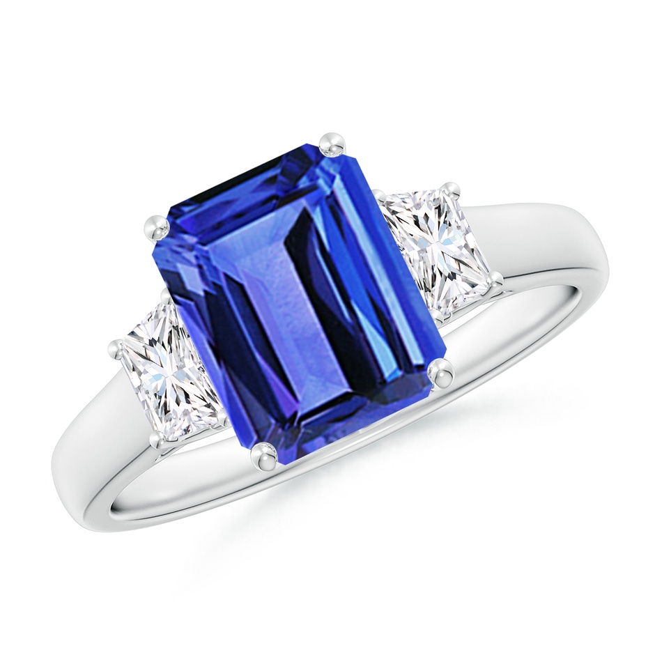 9x7mm AAA Three Stone Emerald-Cut Tanzanite and Diamond Ring in P950 Platinum 
