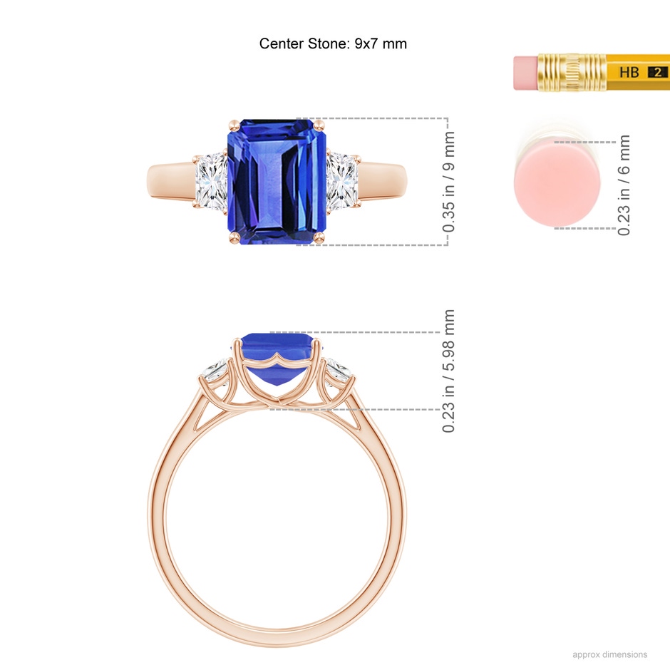 9x7mm AAA Three Stone Emerald-Cut Tanzanite and Diamond Ring in Rose Gold ruler