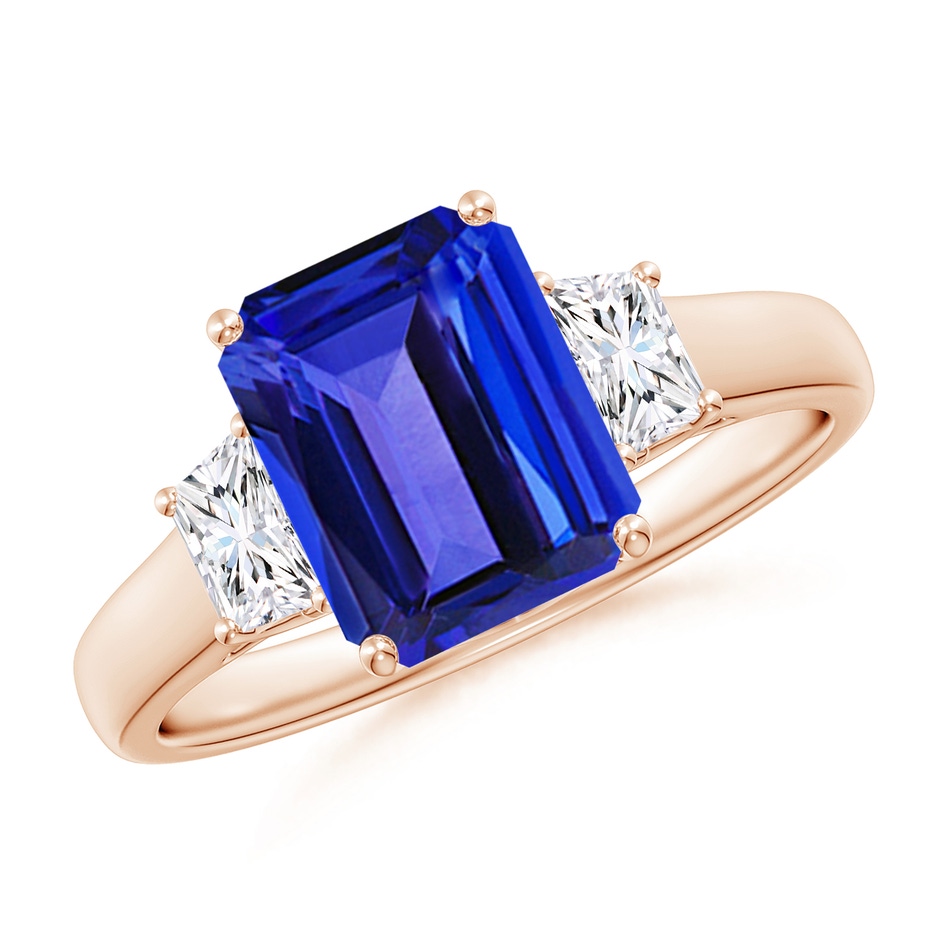 9x7mm AAAA Three Stone Emerald-Cut Tanzanite and Diamond Ring in Rose Gold 