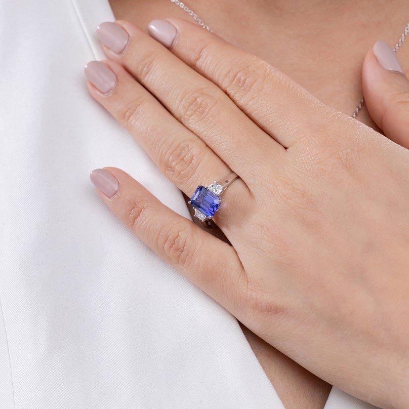 Three Stone Emerald-Cut Tanzanite and Diamond Engagement Ring