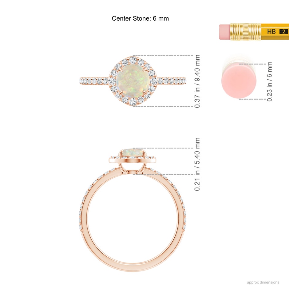 6mm AAA Vintage Style Claw-Set Round Opal Halo Ring in Rose Gold ruler