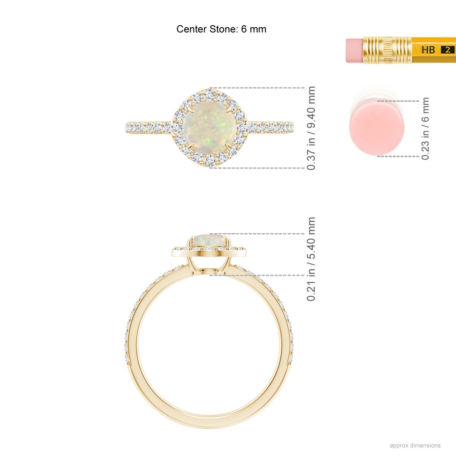 6mm AAA Vintage Style Claw-Set Round Opal Halo Ring in Yellow Gold ruler