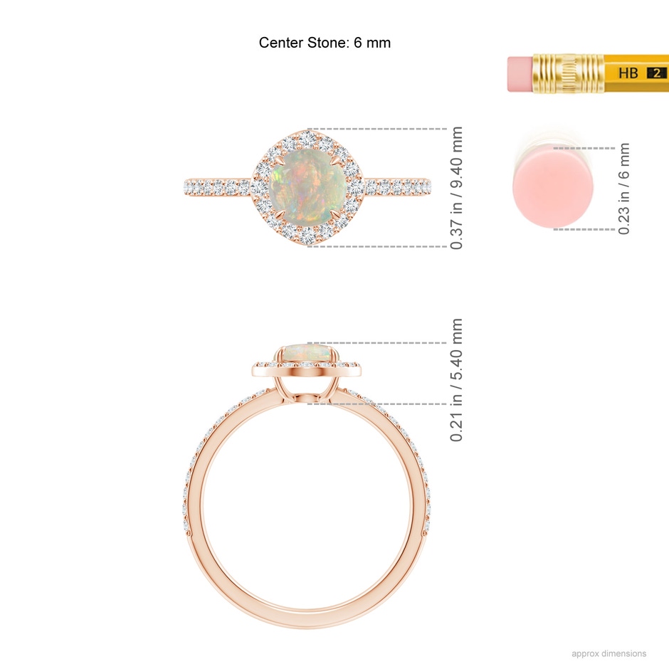6mm AAAA Vintage Style Claw-Set Round Opal Halo Ring in Rose Gold ruler