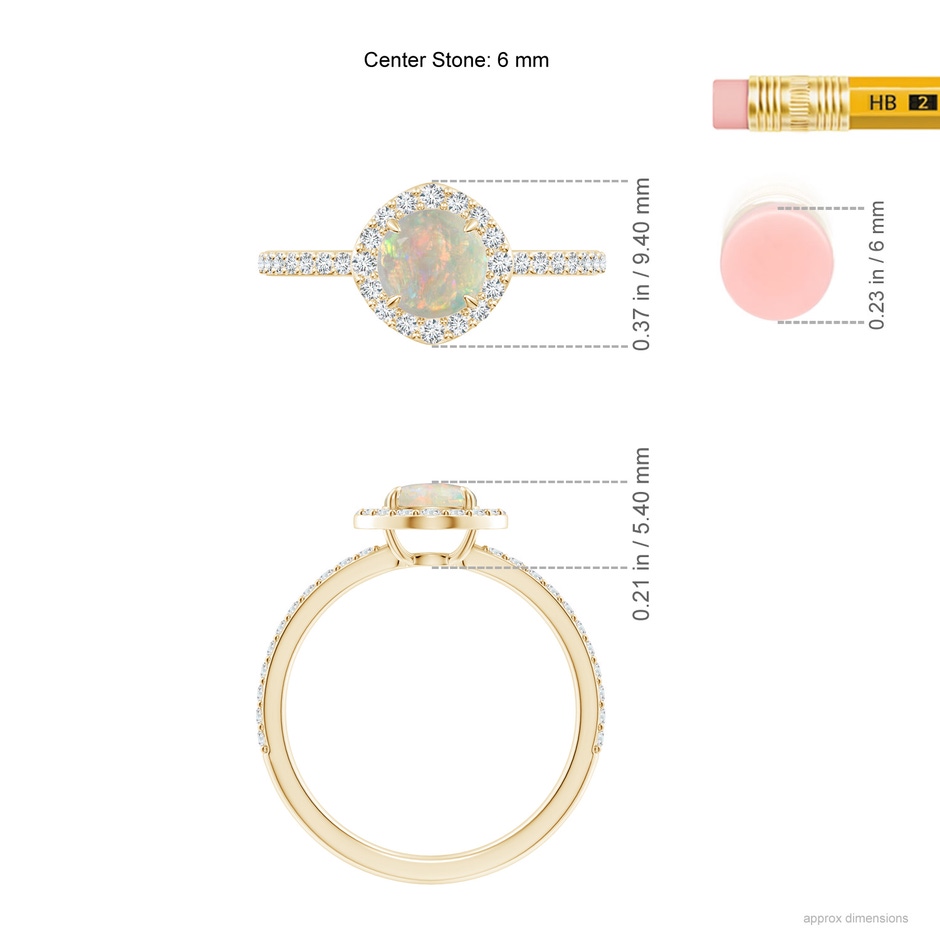 6mm AAAA Vintage Style Claw-Set Round Opal Halo Ring in Yellow Gold ruler