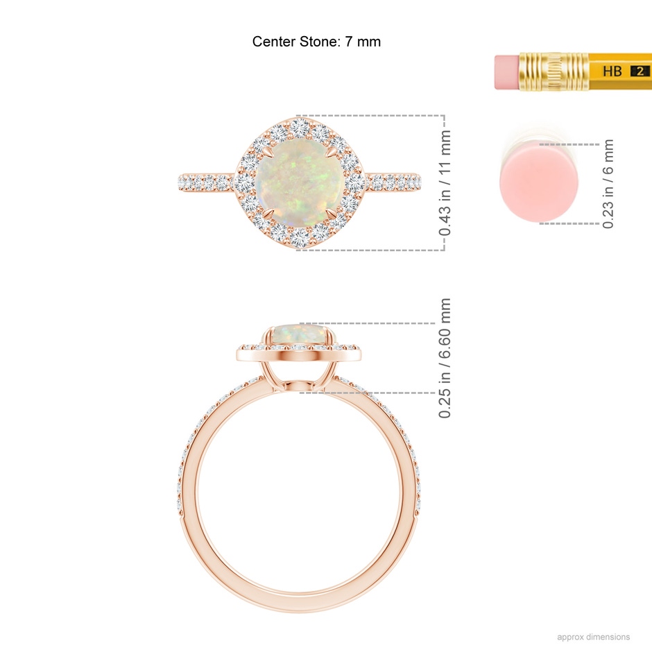 7mm AAA Vintage Style Claw-Set Round Opal Halo Ring in Rose Gold ruler