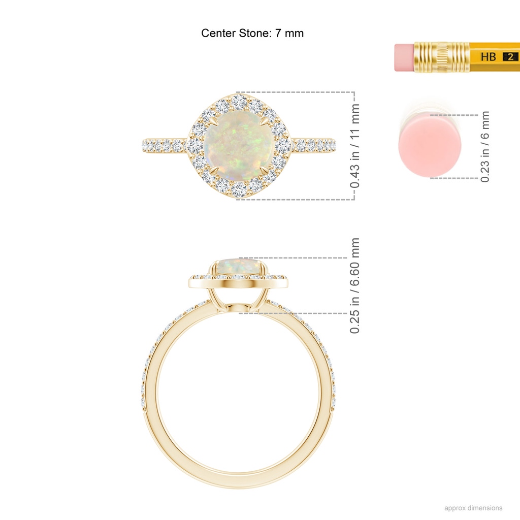 7mm AAA Vintage Style Claw-Set Round Opal Halo Ring in Yellow Gold Ruler