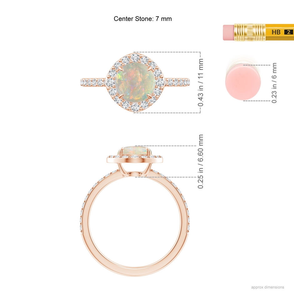 7mm AAAA Vintage Style Claw-Set Round Opal Halo Ring in Rose Gold ruler