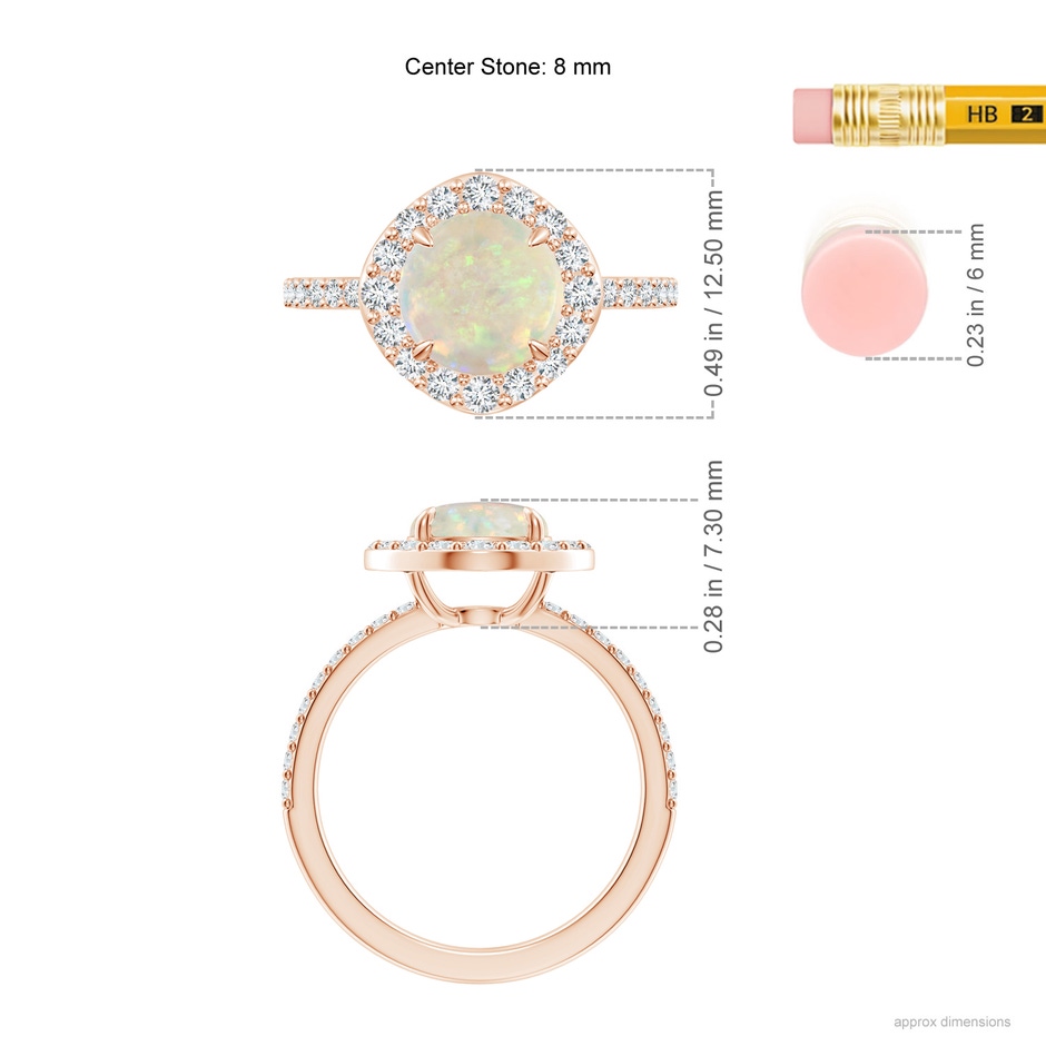 8mm AAA Vintage Style Claw-Set Round Opal Halo Ring in Rose Gold ruler