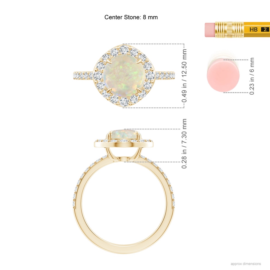 8mm AAA Vintage Style Claw-Set Round Opal Halo Ring in Yellow Gold ruler