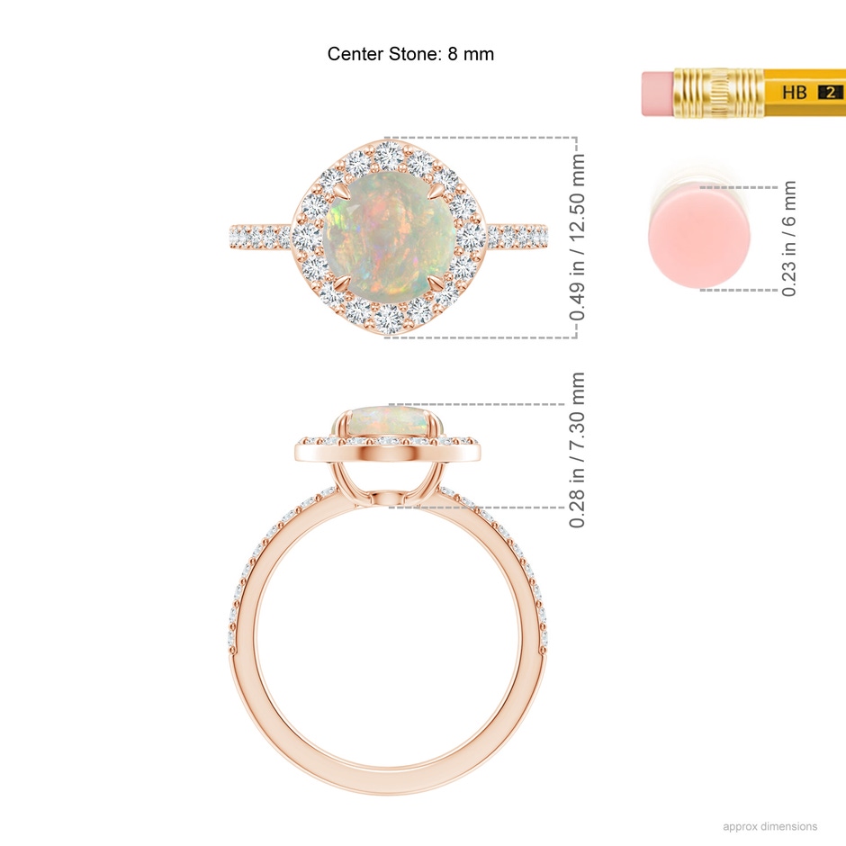 8mm AAAA Vintage Style Claw-Set Round Opal Halo Ring in Rose Gold ruler