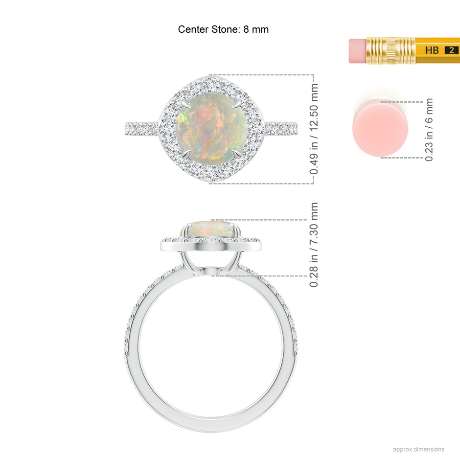 8mm AAAA Vintage Style Claw-Set Round Opal Halo Ring in White Gold ruler