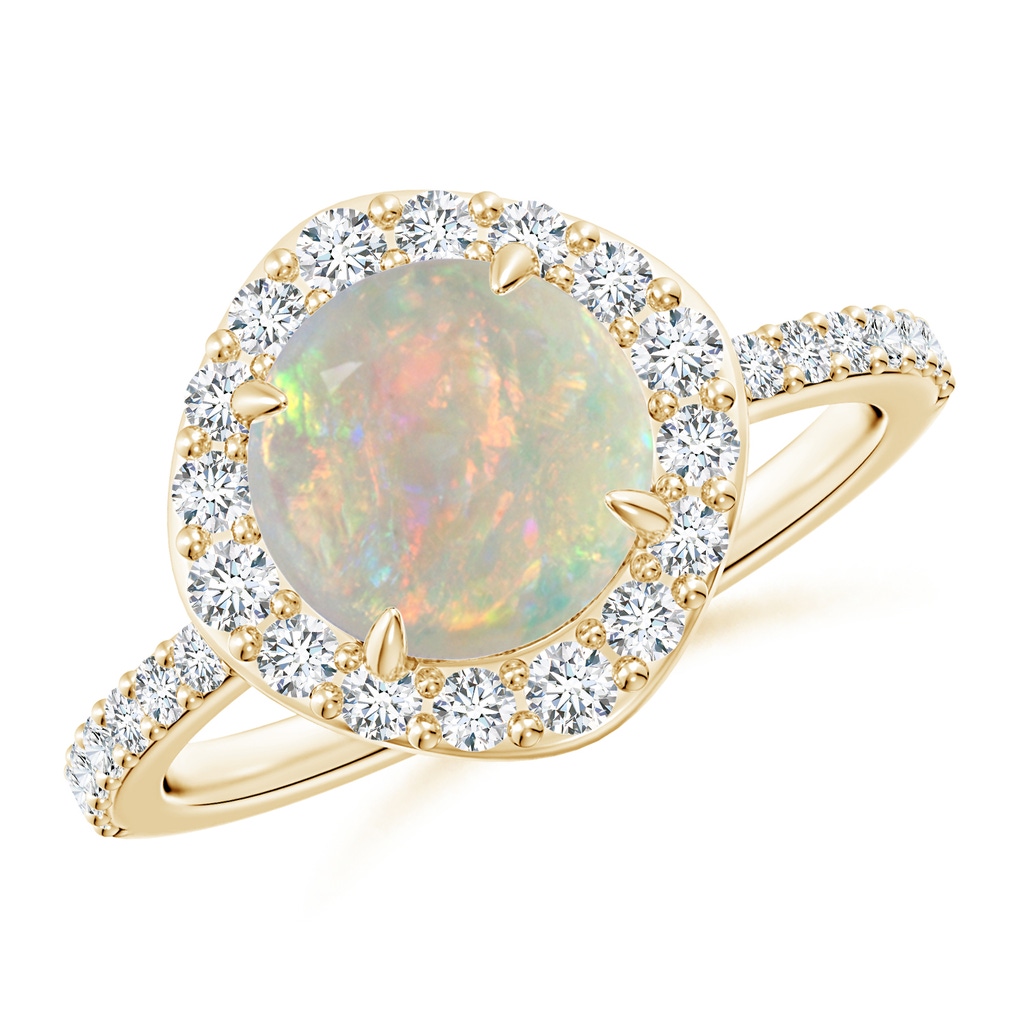 8mm AAAA Vintage Style Claw-Set Round Opal Halo Ring in Yellow Gold