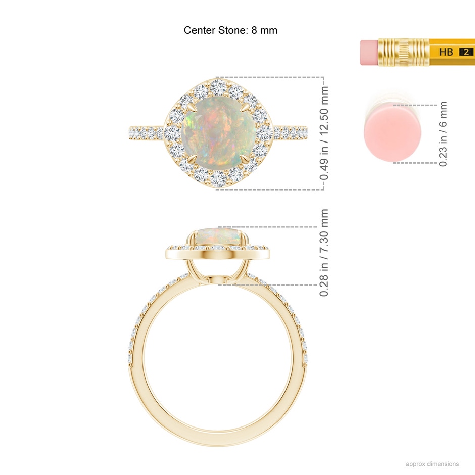 8mm AAAA Vintage Style Claw-Set Round Opal Halo Ring in Yellow Gold ruler