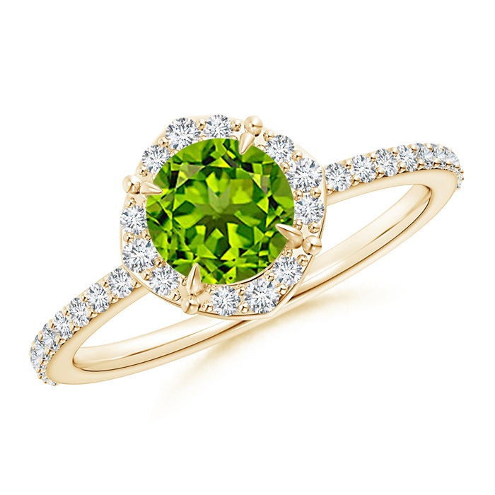 6mm AAAA Vintage Style Claw-Set Round Peridot Halo Ring in Yellow Gold